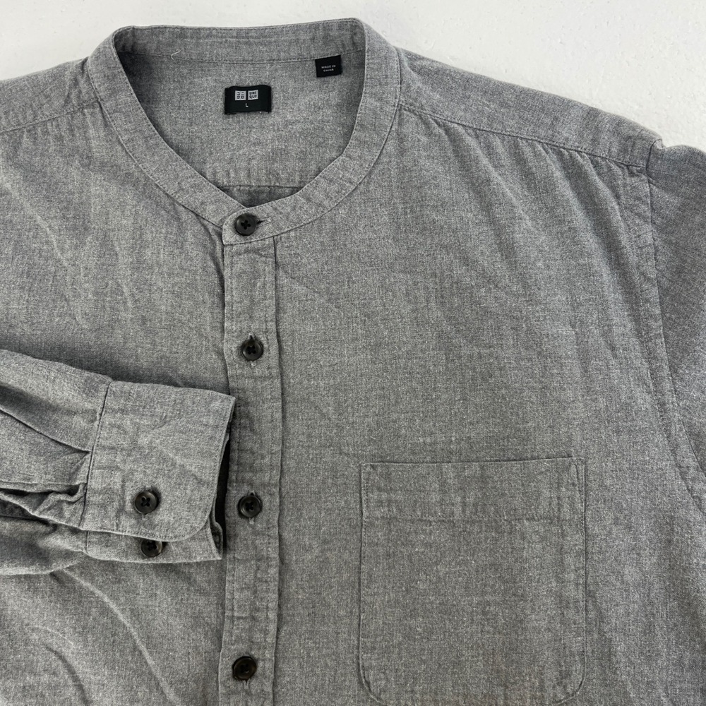 Uniqlo Band Collar Shirt Long Sleeve Button‎ Up Mens Gray Size L Casual